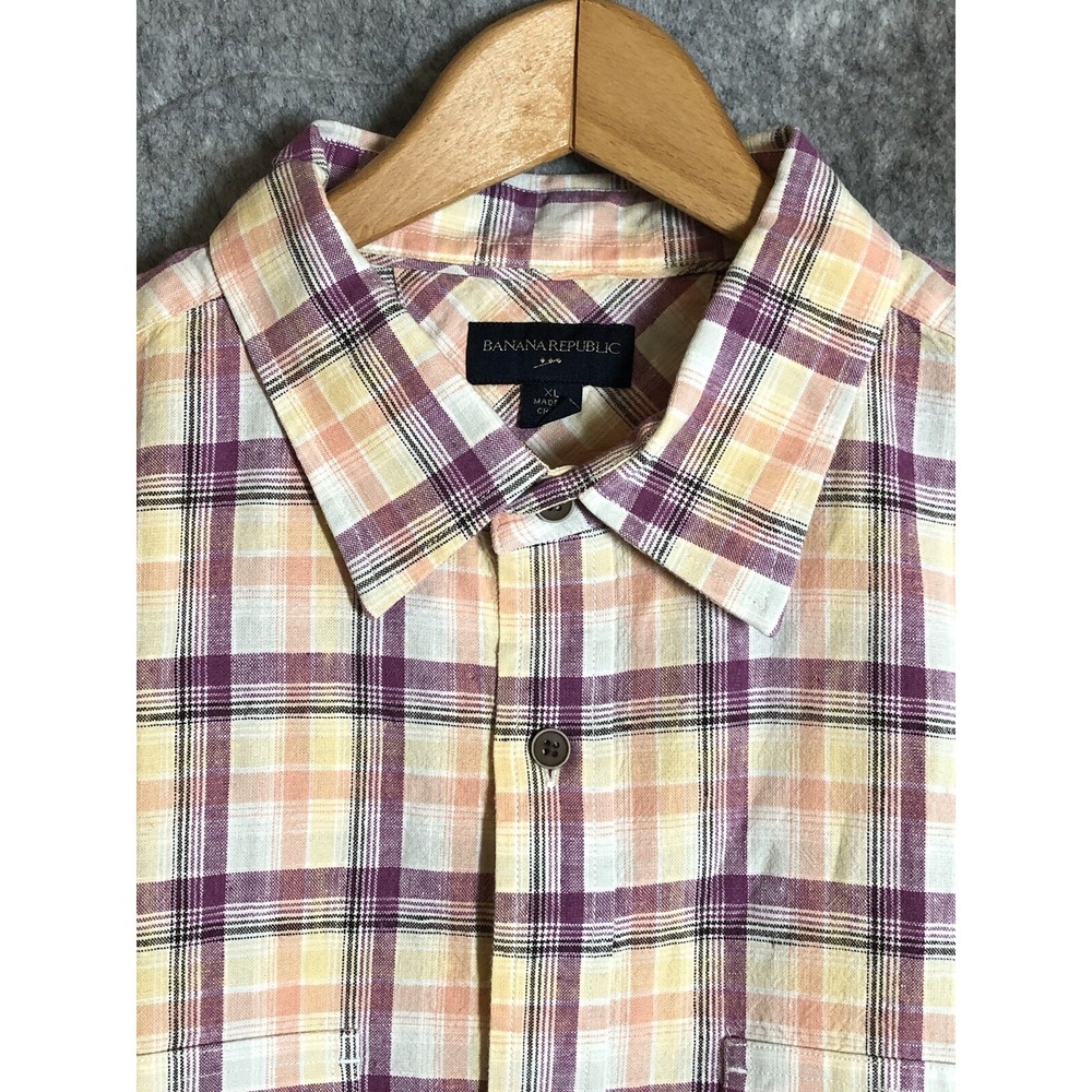 Banana Republic Shirt Men XL Linen Plaid Casual Coastal Beach Nautical
